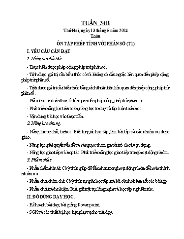 Giáo án các môn Khối 4 - Tuần 34 - Năm học 2023-2024 - Phan Thị Hương